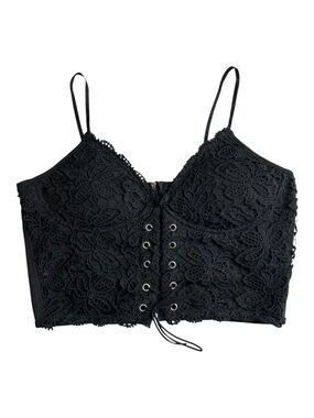 ROMWE Eyelet Lace-Up Zip-Back Floral Lace Black Crop Top
